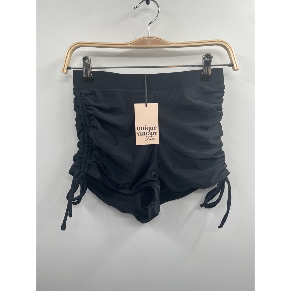 NWT Unique Vintage Swimsuit Short Women Small Black High-Waisted Drawstring-Side